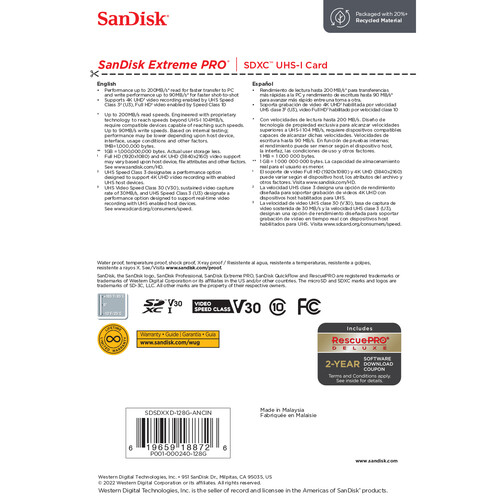 SanDisk SDXC 128GB Extreme Pro 200MB/s UHS-I Class10 U3 V30 - 4